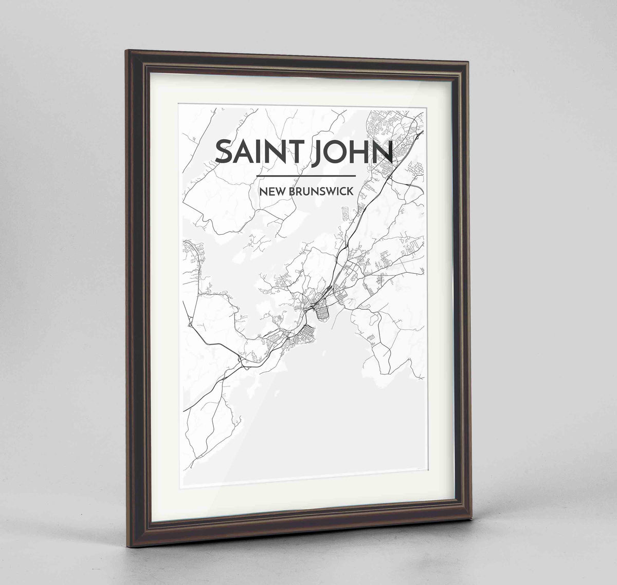 Framed Saint John City Map 24x36&quot; Traditional Walnut frame Point Two Design Group