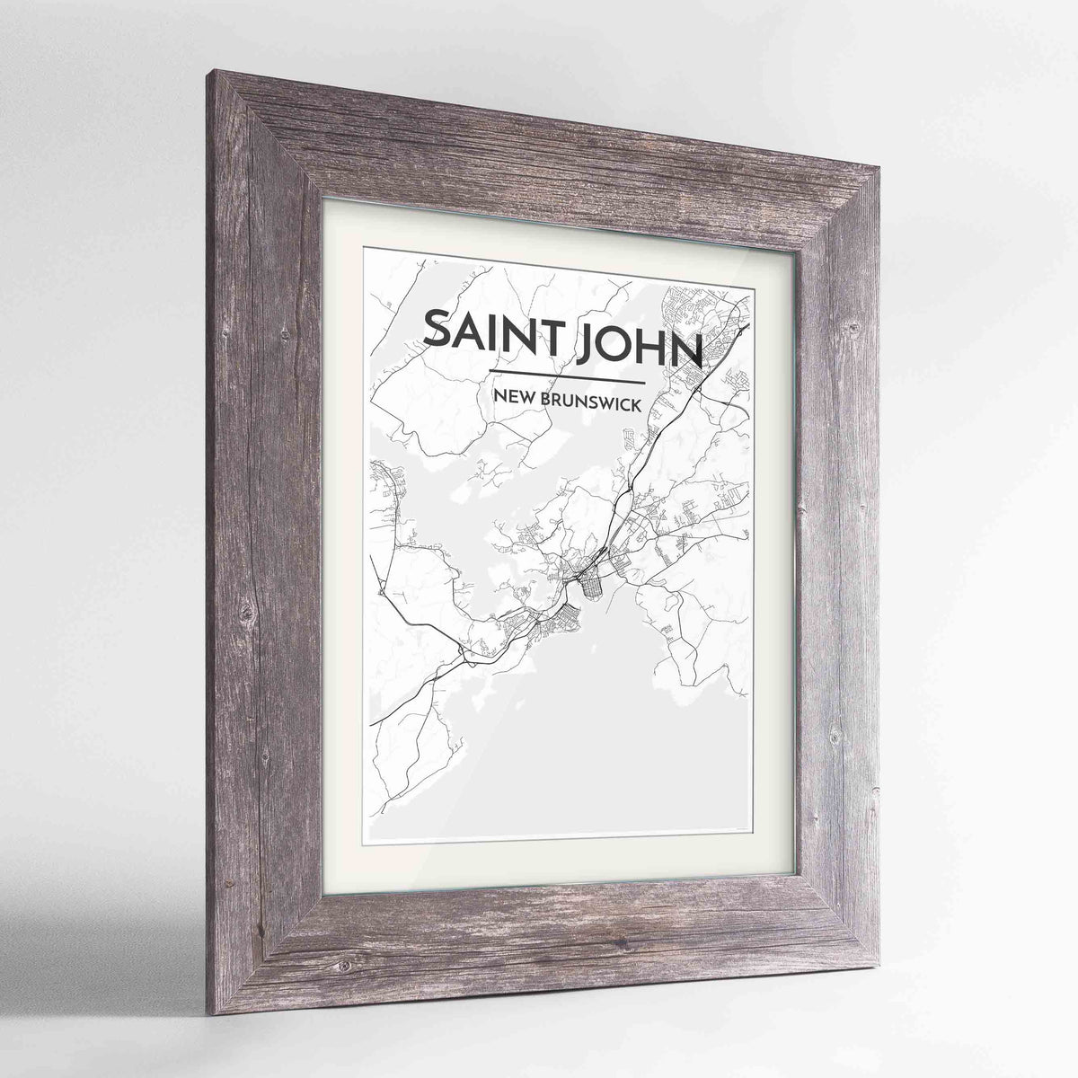 Framed Saint John City Map 24x36&quot; Western Grey frame Point Two Design Group
