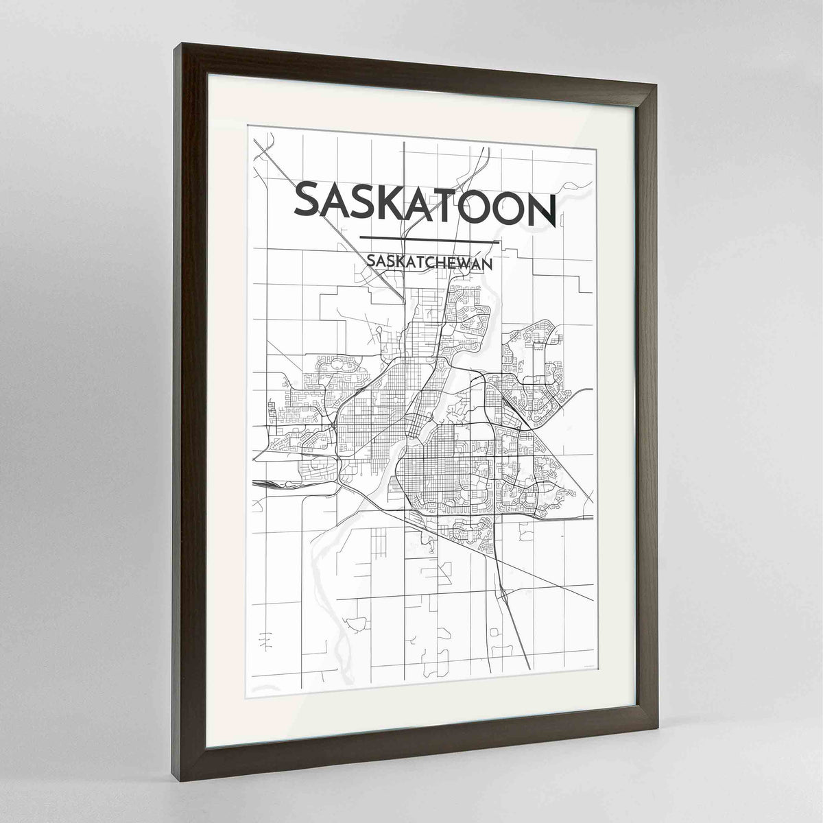 Framed Saskatoon City Map 24x36&quot; Contemporary Walnut frame Point Two Design Group
