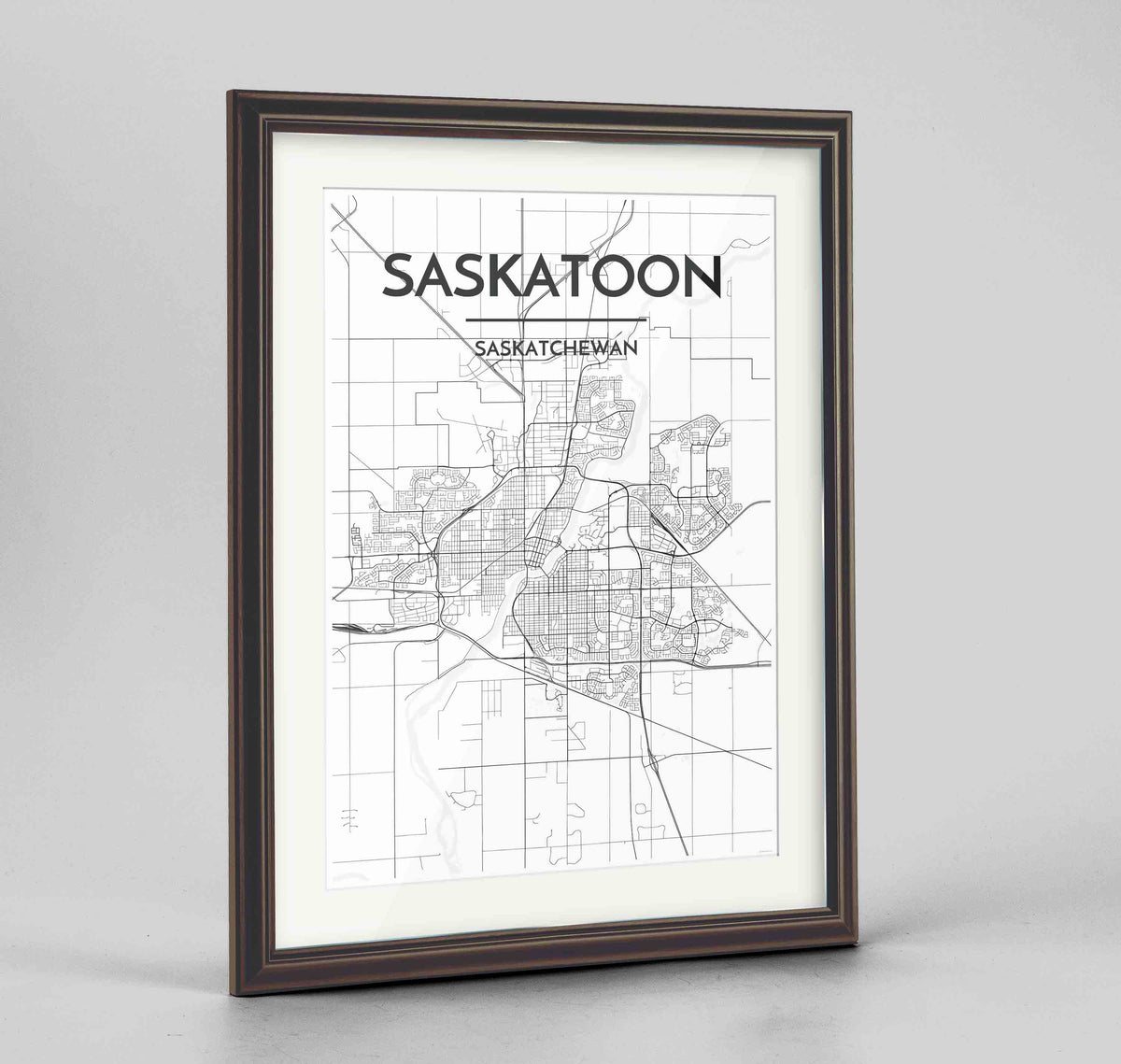 Framed Saskatoon City Map 24x36&quot; Traditional Walnut frame Point Two Design Group