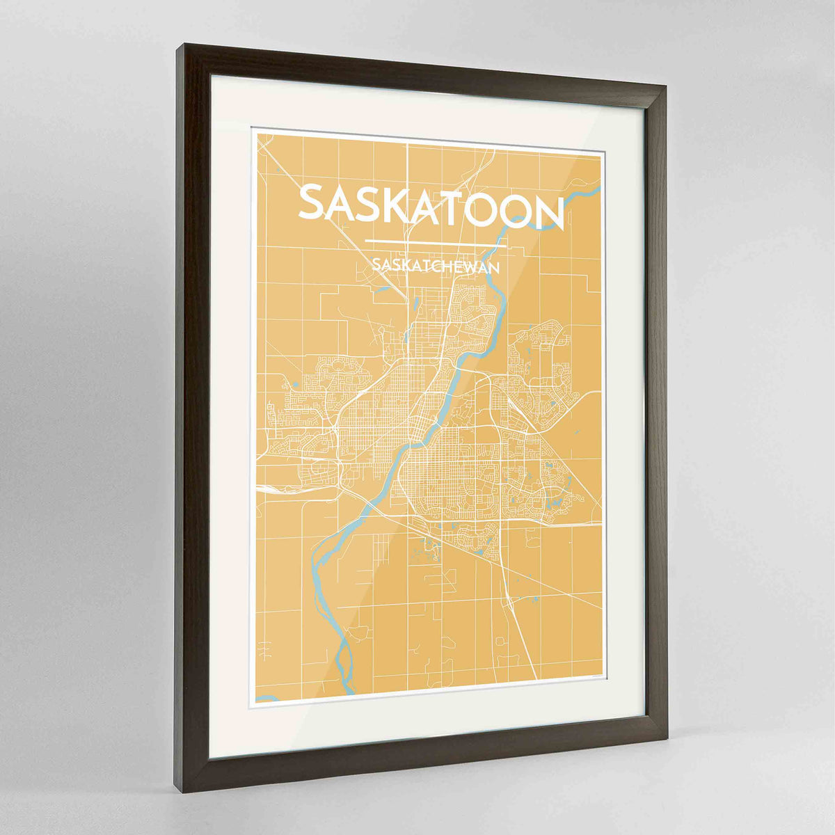 Framed Saskatoon City Map 24x36&quot; Contemporary Walnut frame Point Two Design Group