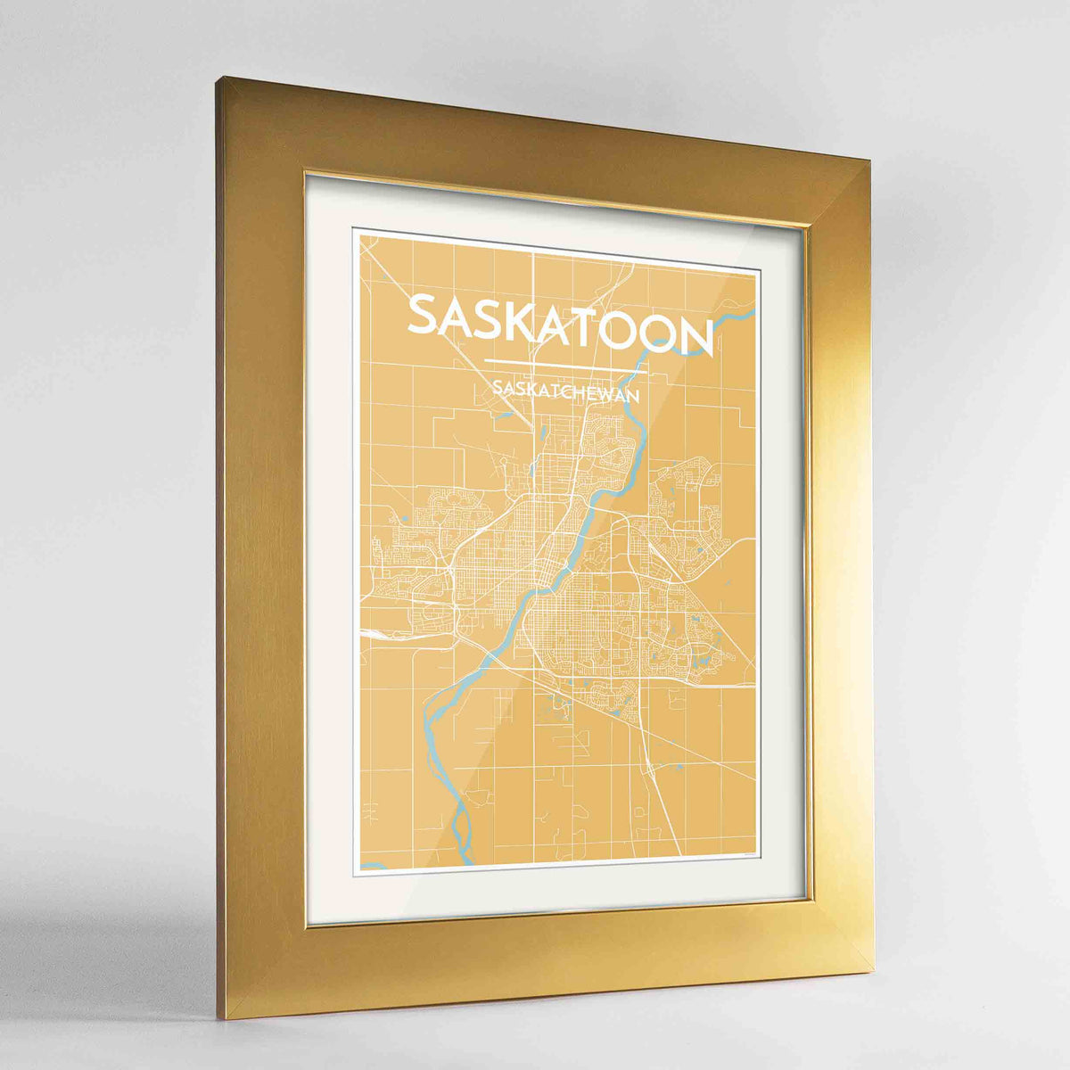 Framed Saskatoon City Map 24x36&quot; Gold frame Point Two Design Group