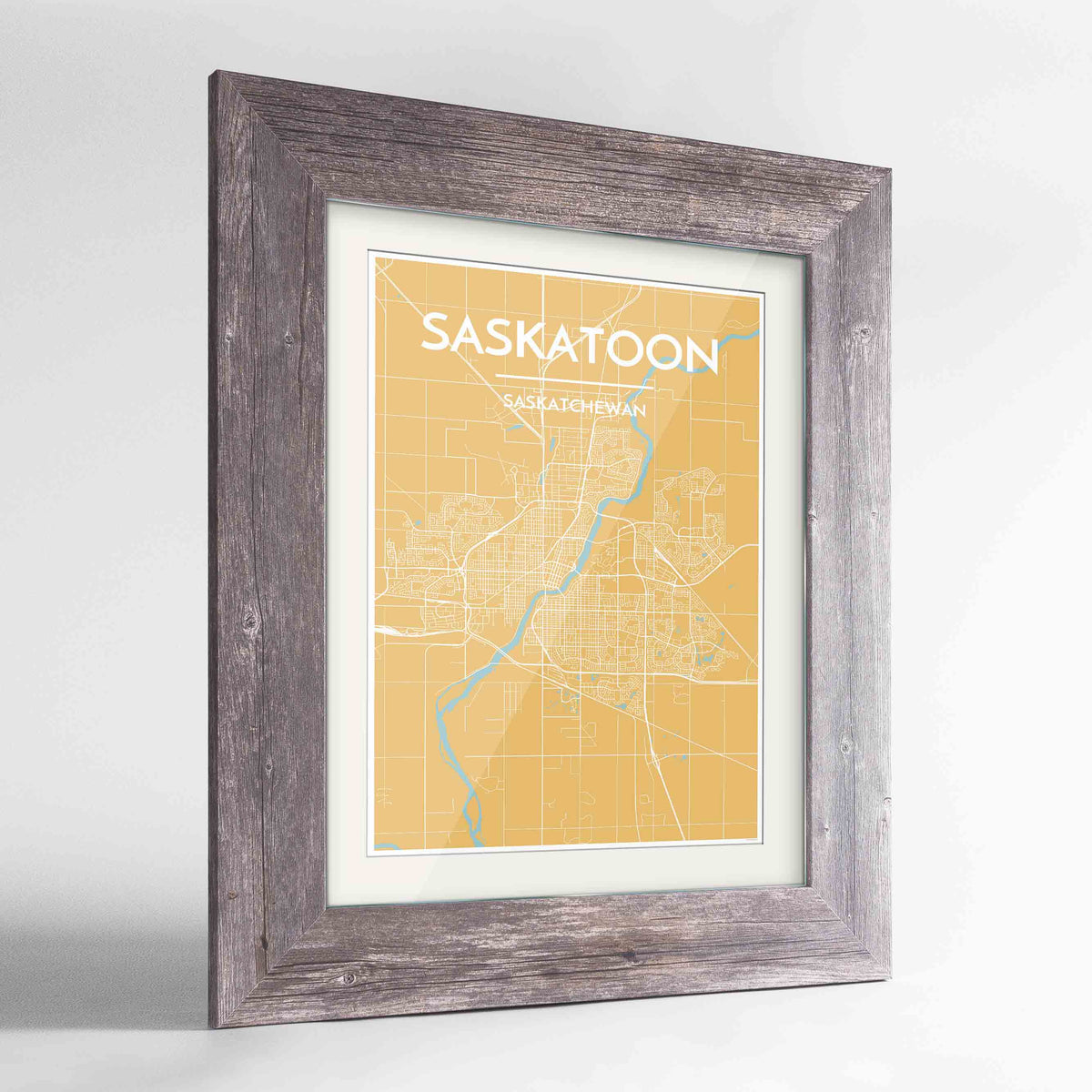 Framed Saskatoon City Map 24x36&quot; Western Grey frame Point Two Design Group