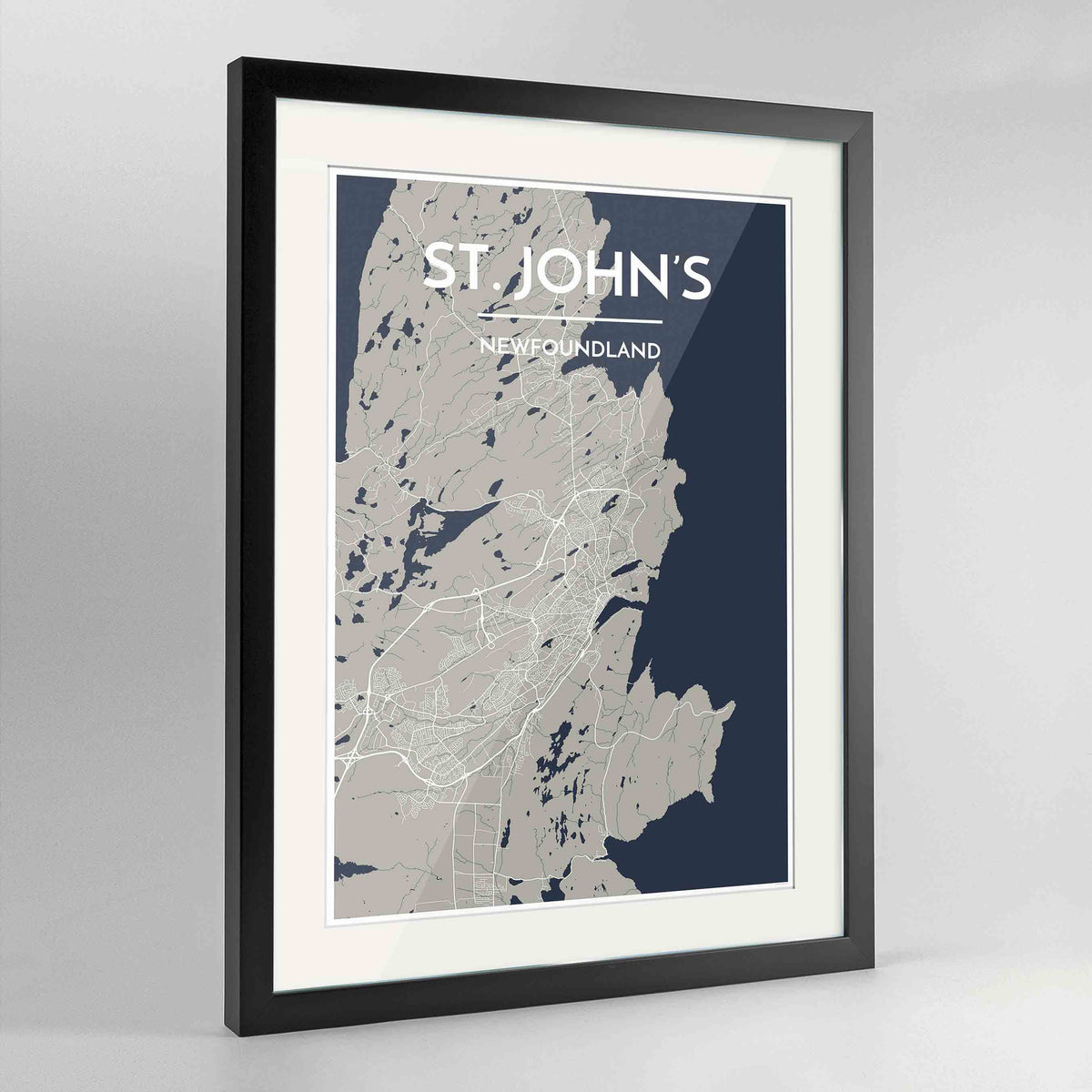 Framed St John&#39;s City Map 24x36&quot; Contemporary Black frame Point Two Design Group