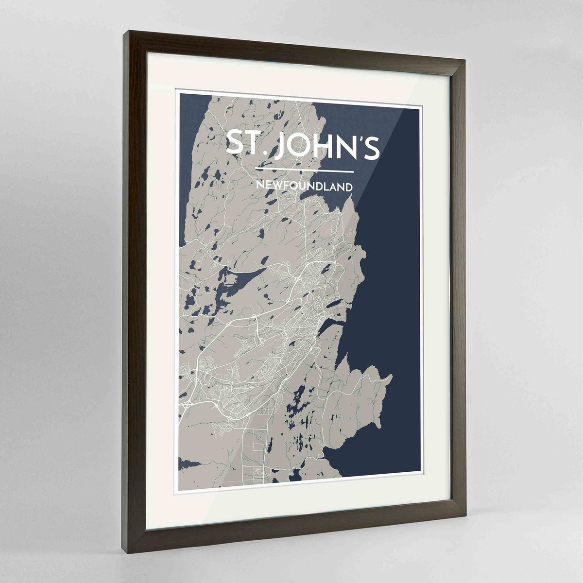 Framed St John&#39;s City Map 24x36&quot; Contemporary Walnut frame Point Two Design Group