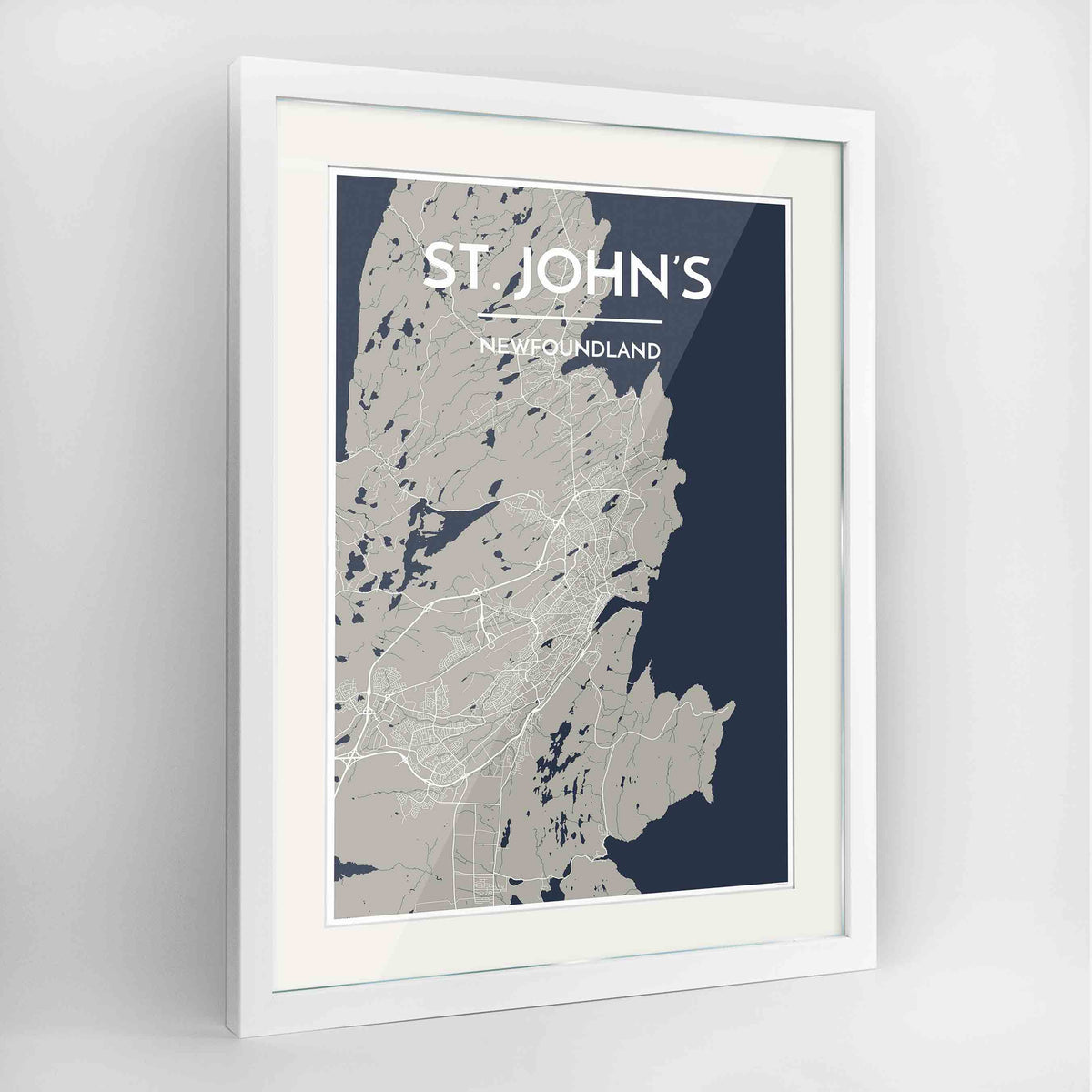 Framed St John&#39;s City Map 24x36&quot; Contemporary White frame Point Two Design Group