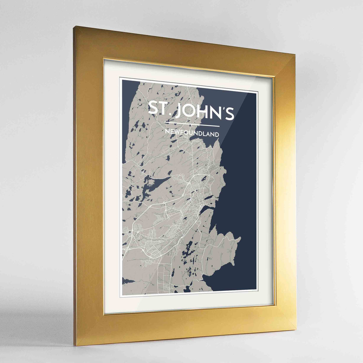 Framed St John&#39;s City Map 24x36&quot; Gold frame Point Two Design Group