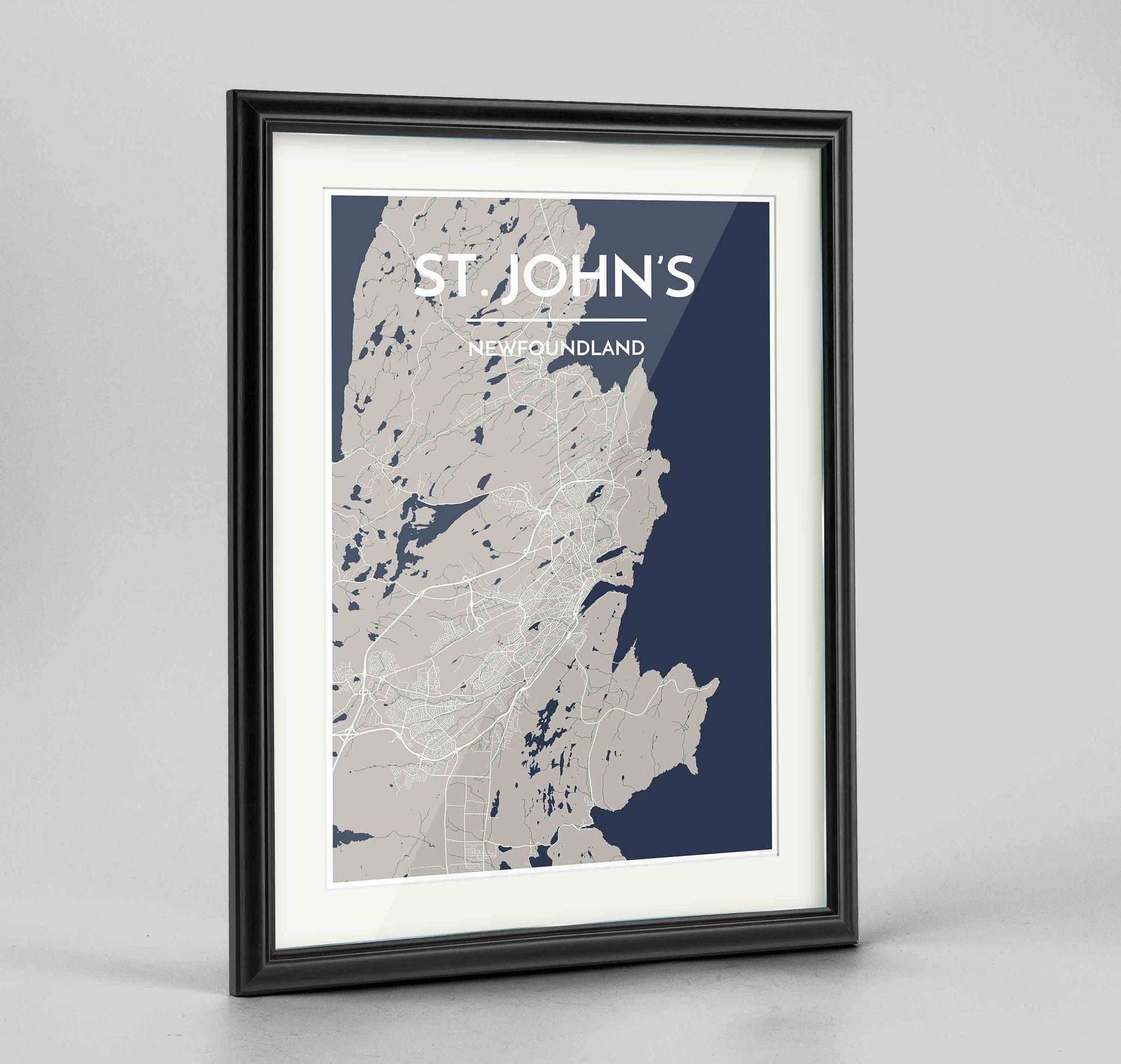 Framed St John's City Map 24x36" Traditional Black frame Point Two Design Group
