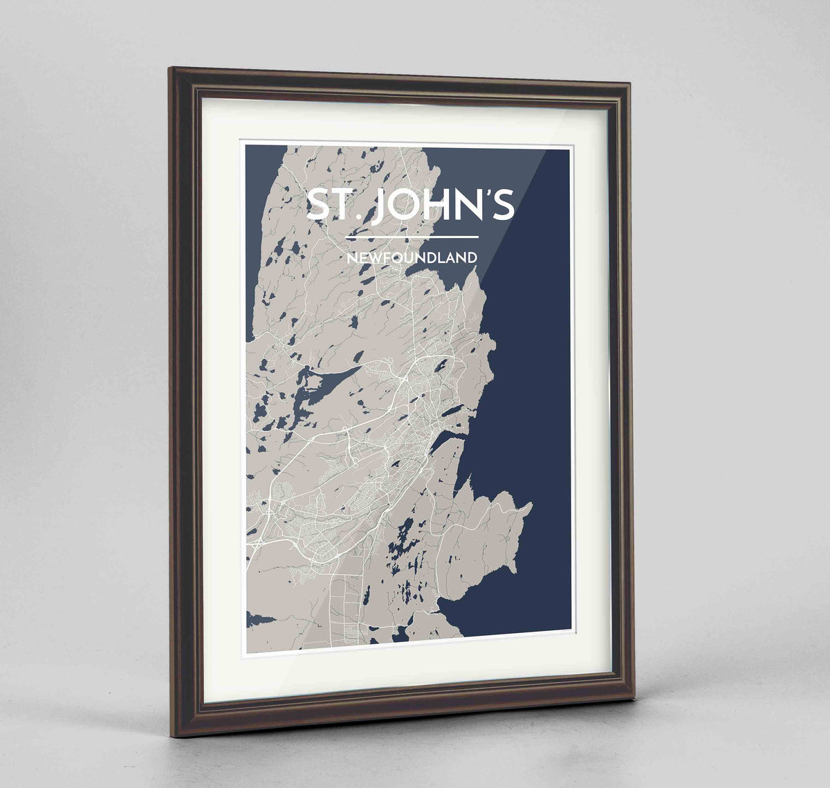 Framed St John&#39;s City Map 24x36&quot; Traditional Walnut frame Point Two Design Group