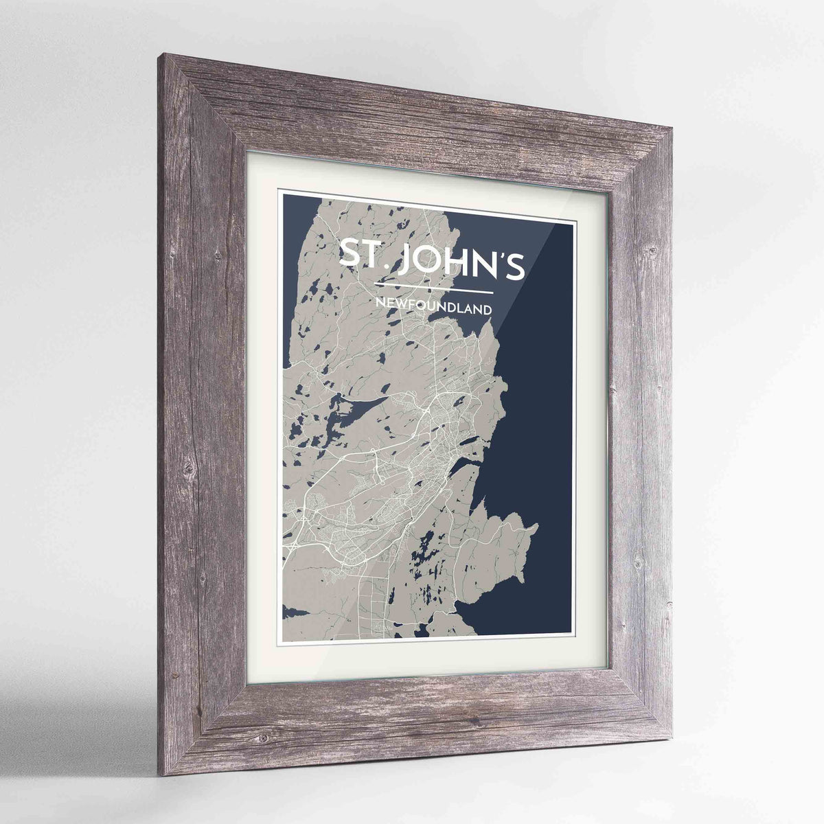 Framed St John&#39;s City Map 24x36&quot; Western Grey frame Point Two Design Group