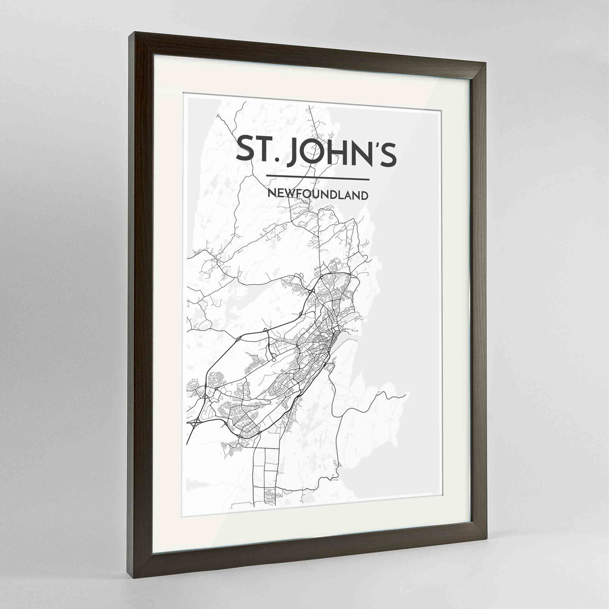 Framed St John&#39;s City Map 24x36&quot; Contemporary Walnut frame Point Two Design Group