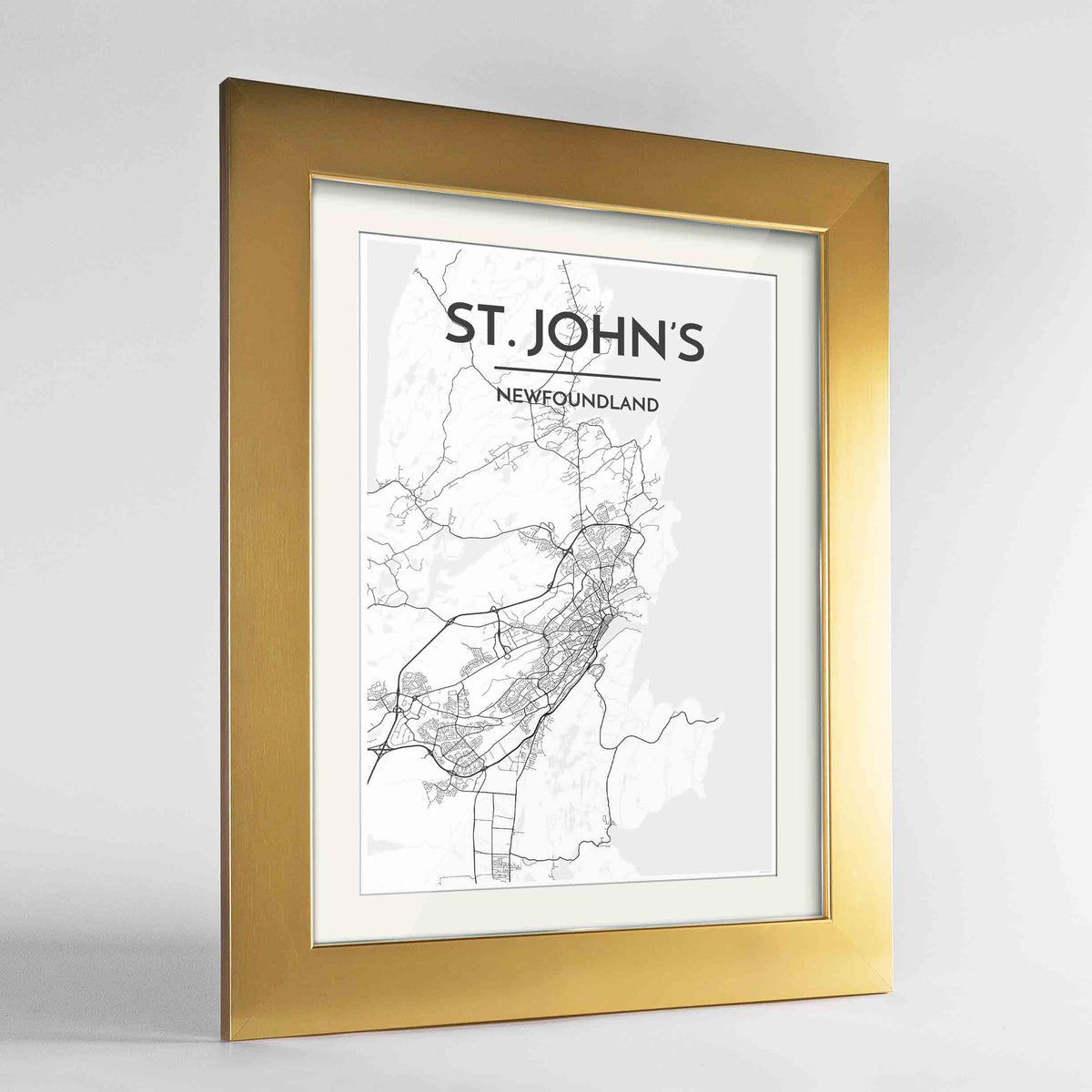 Framed St John&#39;s City Map 24x36&quot; Gold frame Point Two Design Group