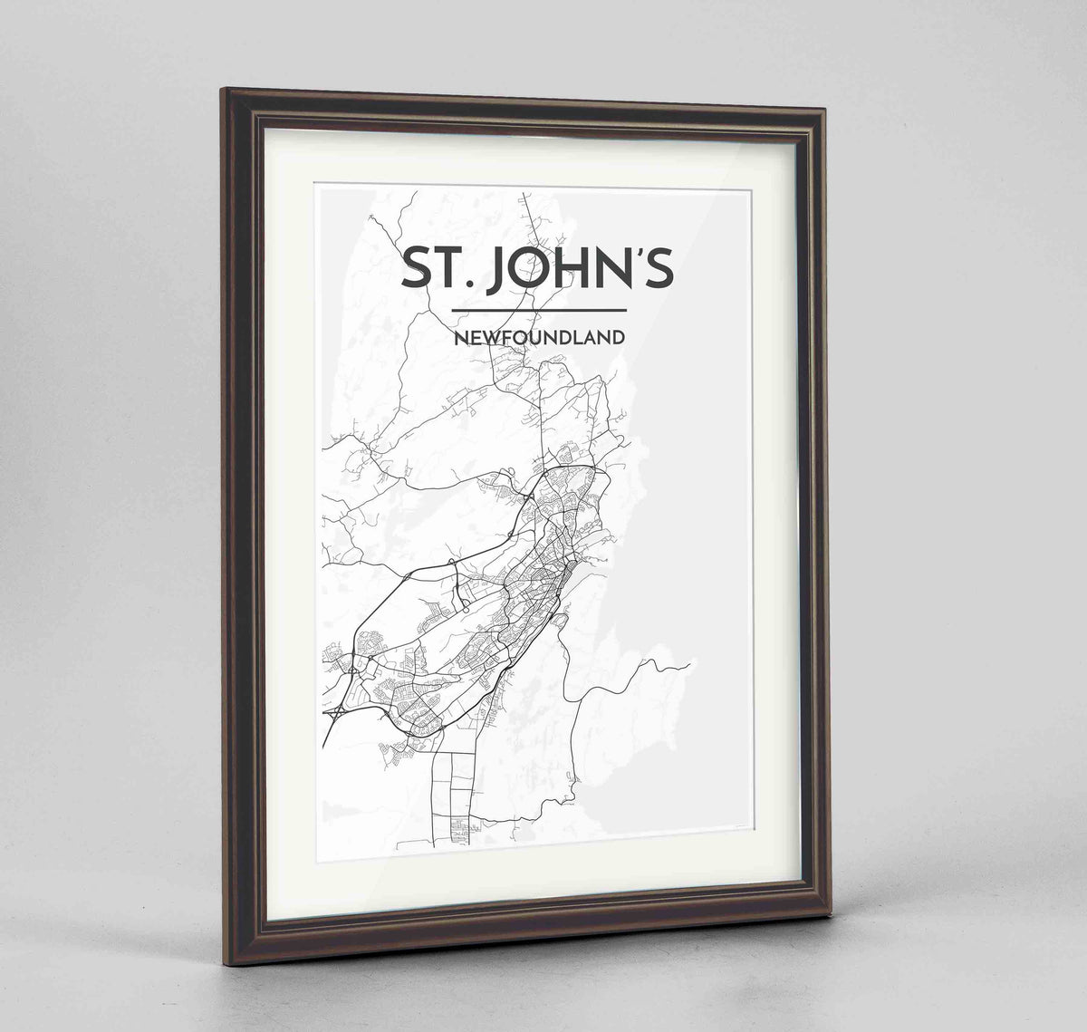 Framed St John&#39;s City Map 24x36&quot; Traditional Walnut frame Point Two Design Group