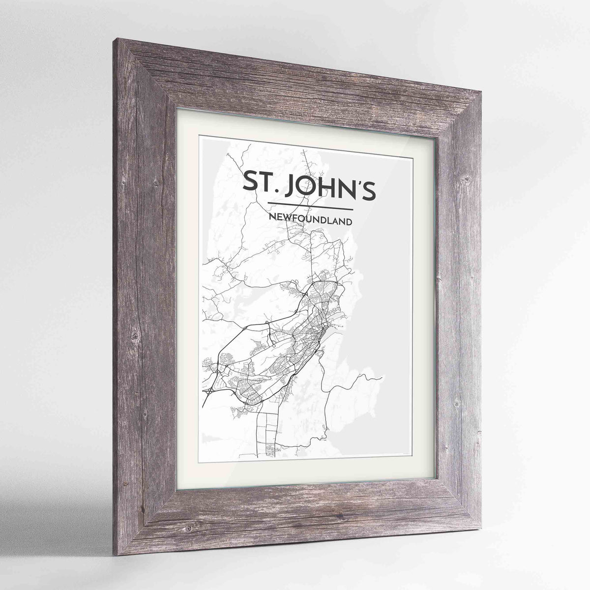 Framed St John&#39;s City Map 24x36&quot; Western Grey frame Point Two Design Group