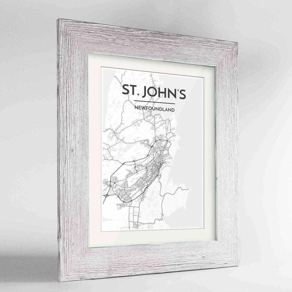 Framed St John&#39;s City Map 24x36&quot; Western White frame Point Two Design Group