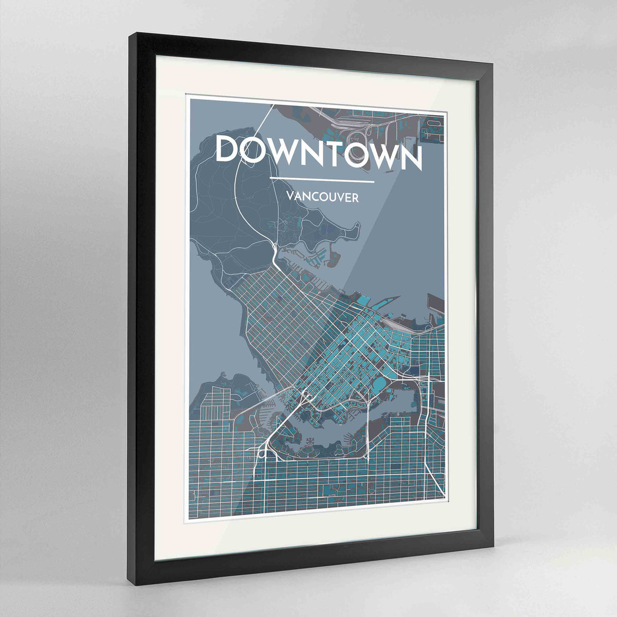 Framed Downtown Vancouver Map Art Print 24x36&quot; Contemporary Black frame Point Two Design Group