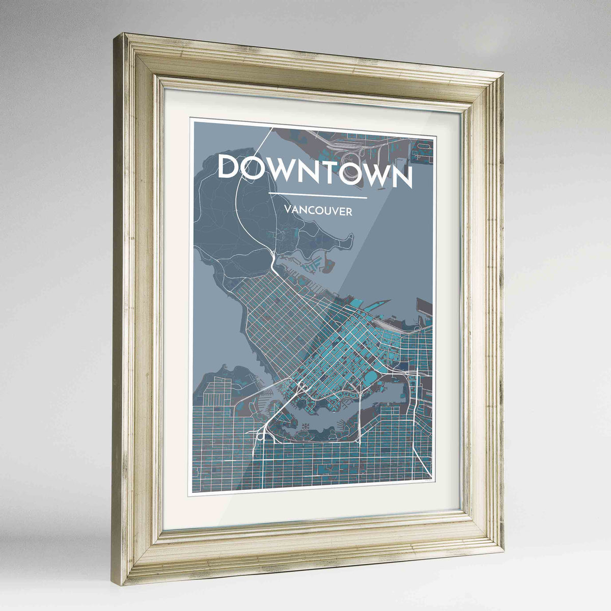 Framed Downtown Vancouver Map Art Print 24x36&quot; Champagne frame Point Two Design Group
