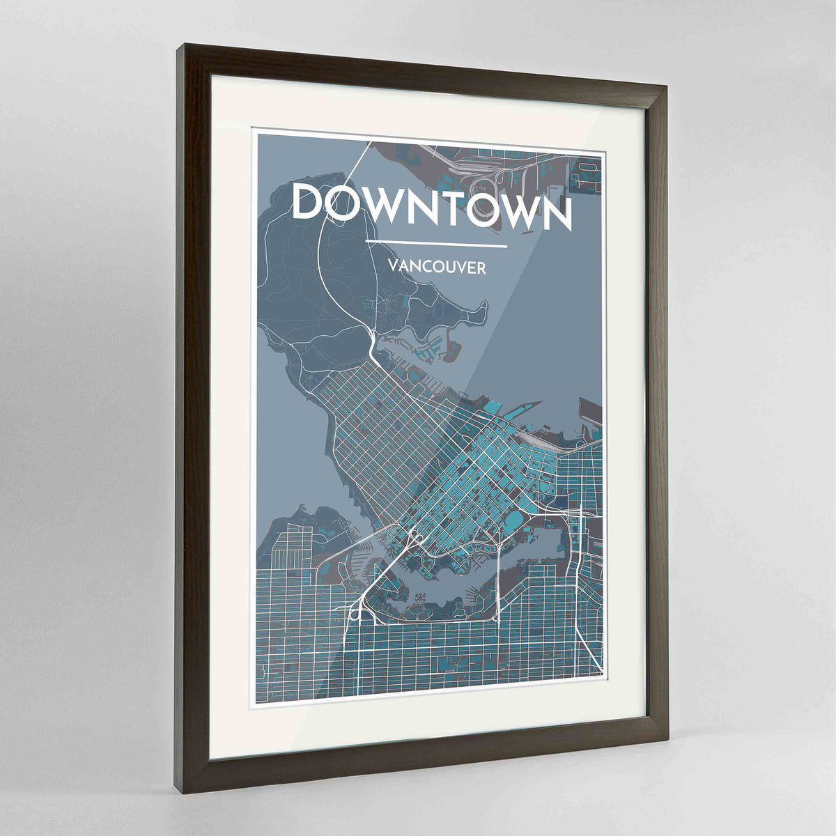 Framed Downtown Vancouver Map Art Print 24x36&quot; Contemporary Walnut frame Point Two Design Group