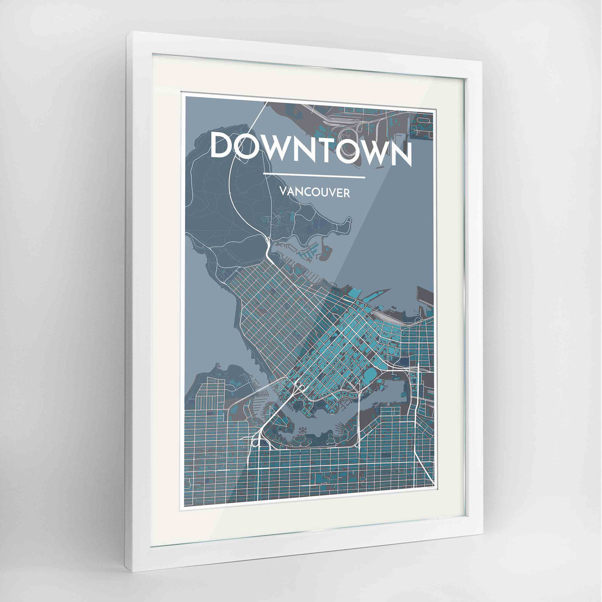 Framed Downtown Vancouver Map Art Print 24x36&quot; Contemporary White frame Point Two Design Group