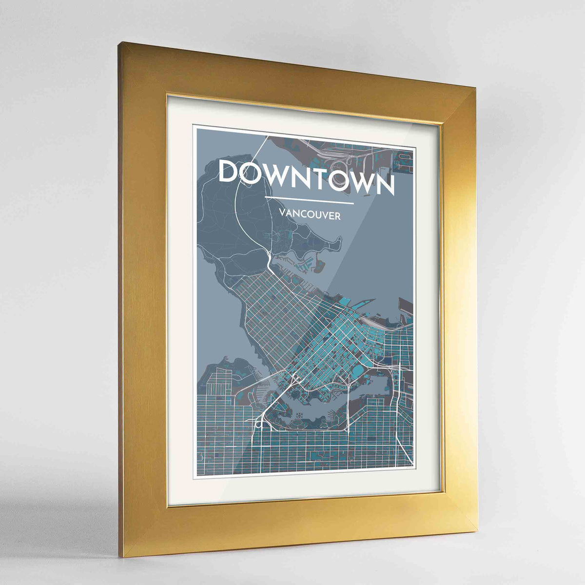 Framed Downtown Vancouver Map Art Print 24x36&quot; Gold frame Point Two Design Group