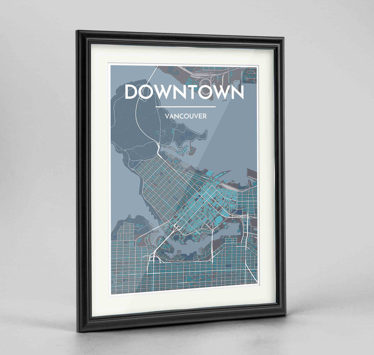 Framed Downtown Vancouver Map Art Print 24x36&quot; Traditional Black frame Point Two Design Group
