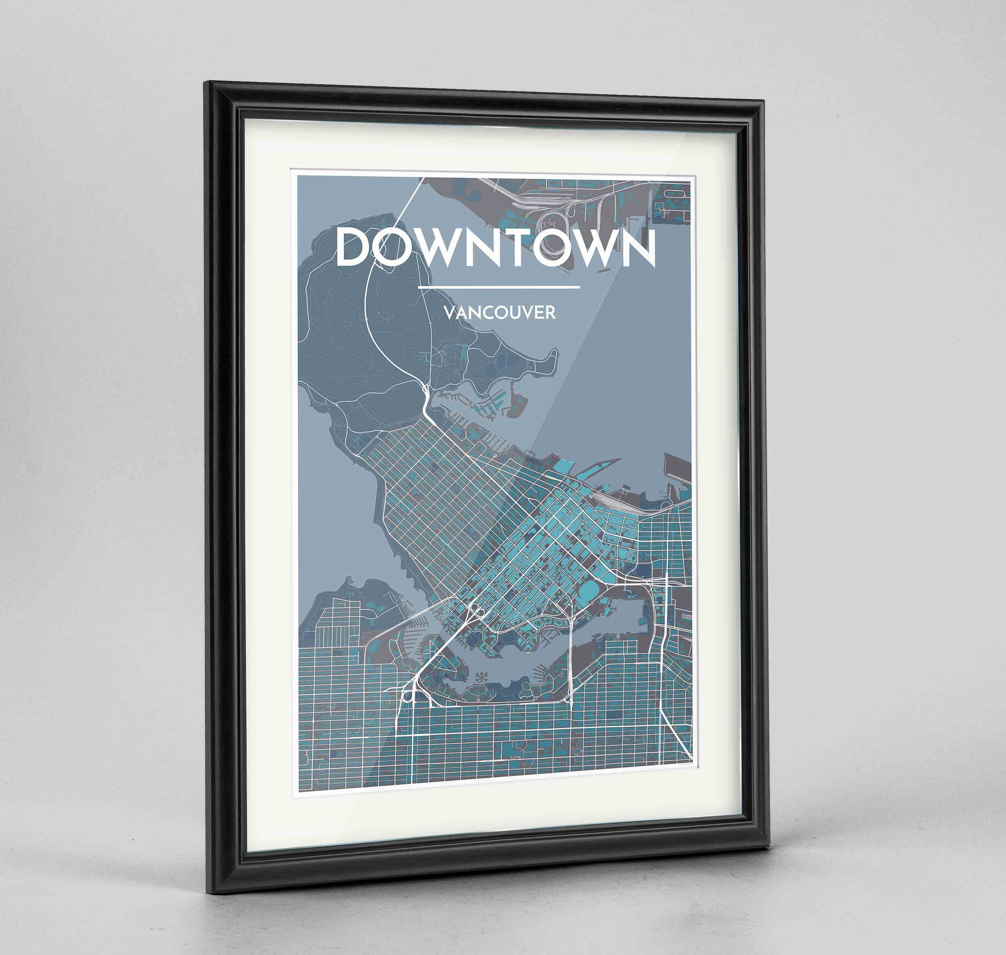 Framed Downtown Vancouver Map Art Print 24x36" Traditional Black frame Point Two Design Group