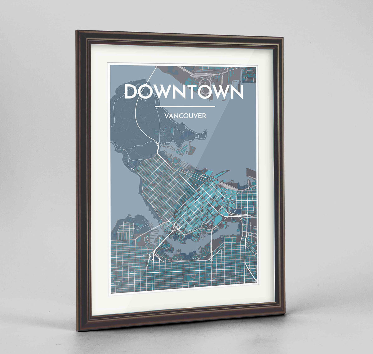 Framed Downtown Vancouver Map Art Print 24x36&quot; Traditional Walnut frame Point Two Design Group