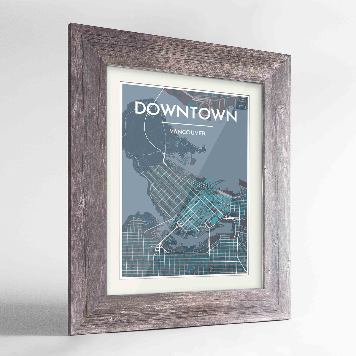 Framed Downtown Vancouver Map Art Print 24x36&quot; Western Grey frame Point Two Design Group