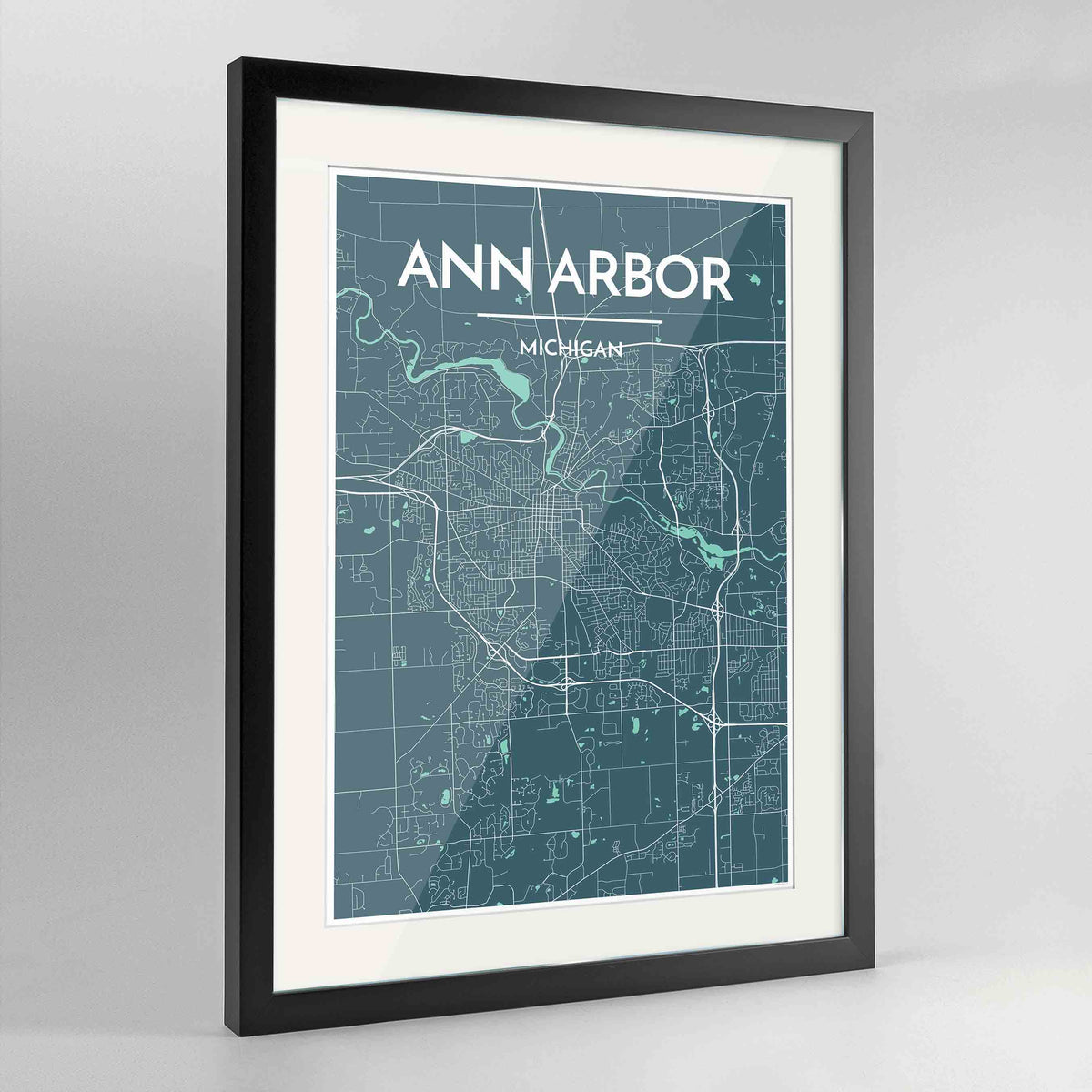 Framed Ann Arbor Map Art Print 24x36&quot; Contemporary Black frame Point Two Design Group