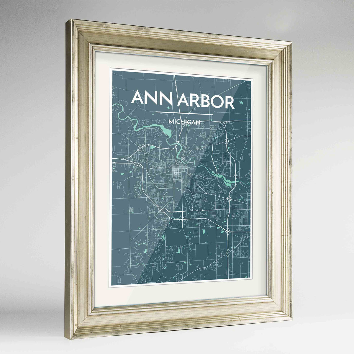 Framed Ann Arbor Map Art Print 24x36&quot; Champagne frame Point Two Design Group