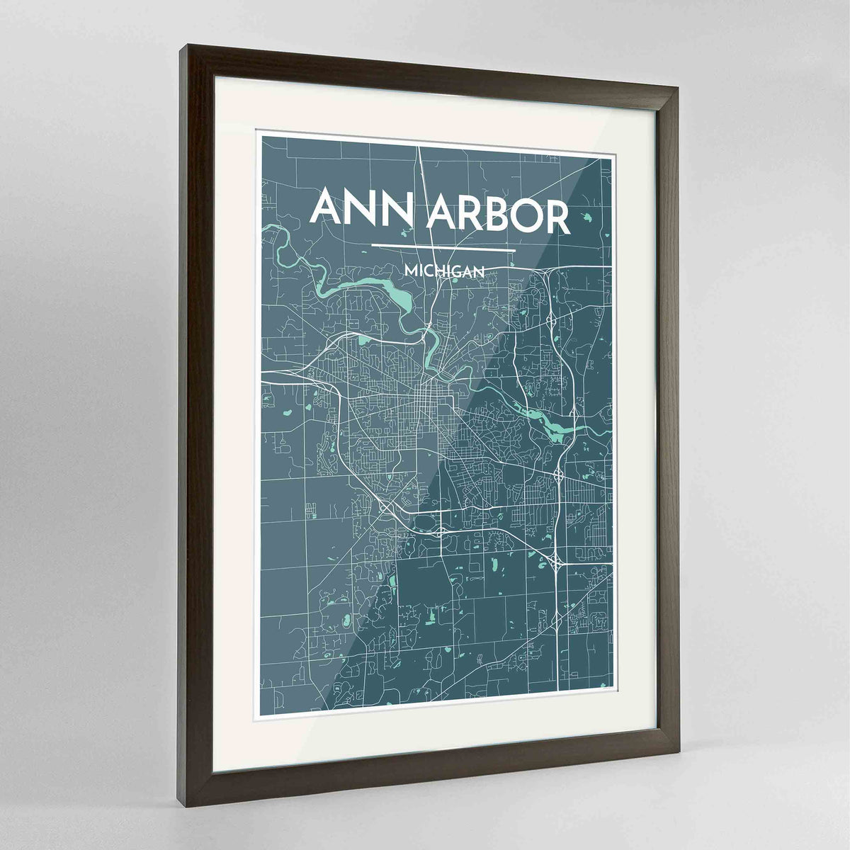 Framed Ann Arbor Map Art Print 24x36&quot; Contemporary Walnut frame Point Two Design Group