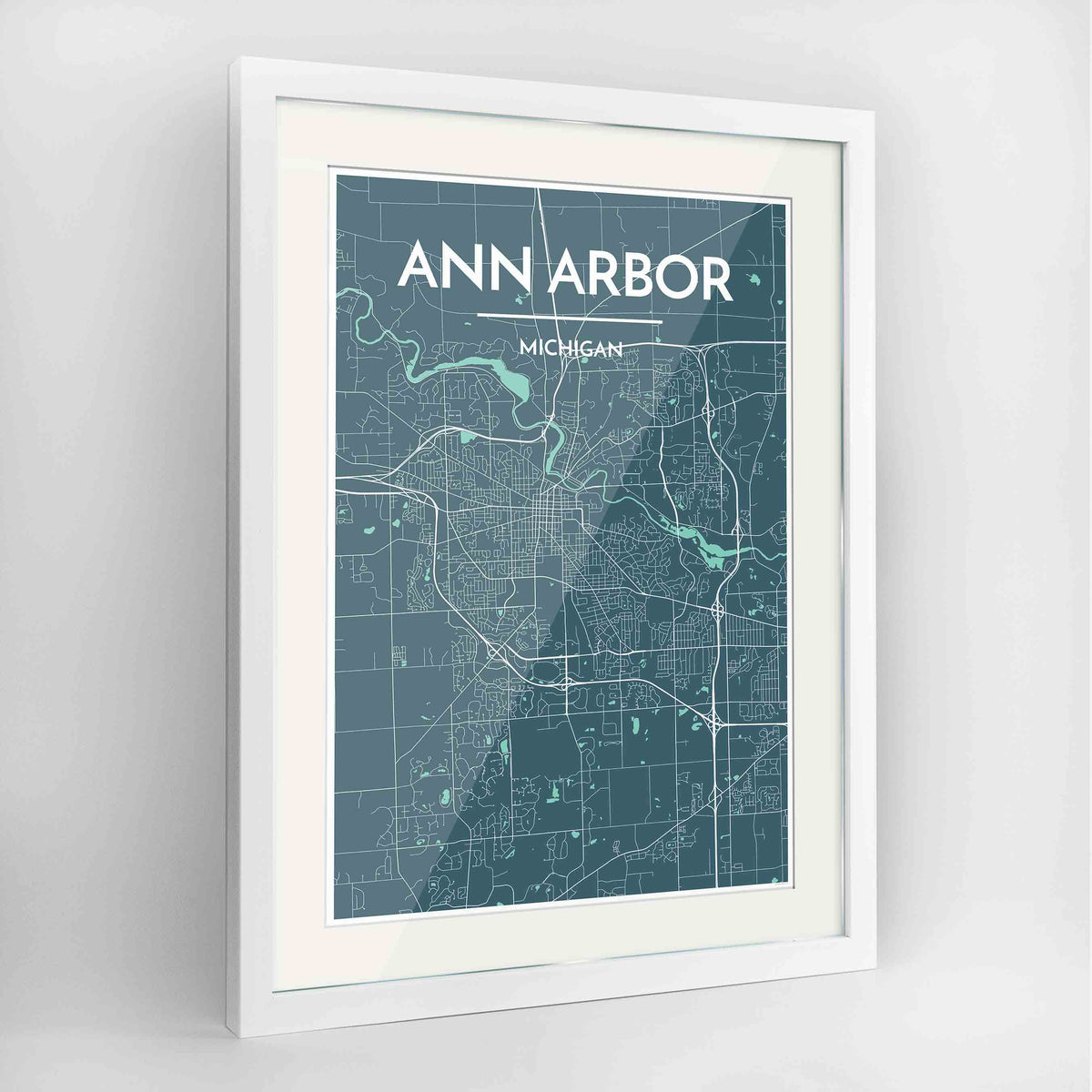 Framed Ann Arbor Map Art Print 24x36&quot; Contemporary White frame Point Two Design Group
