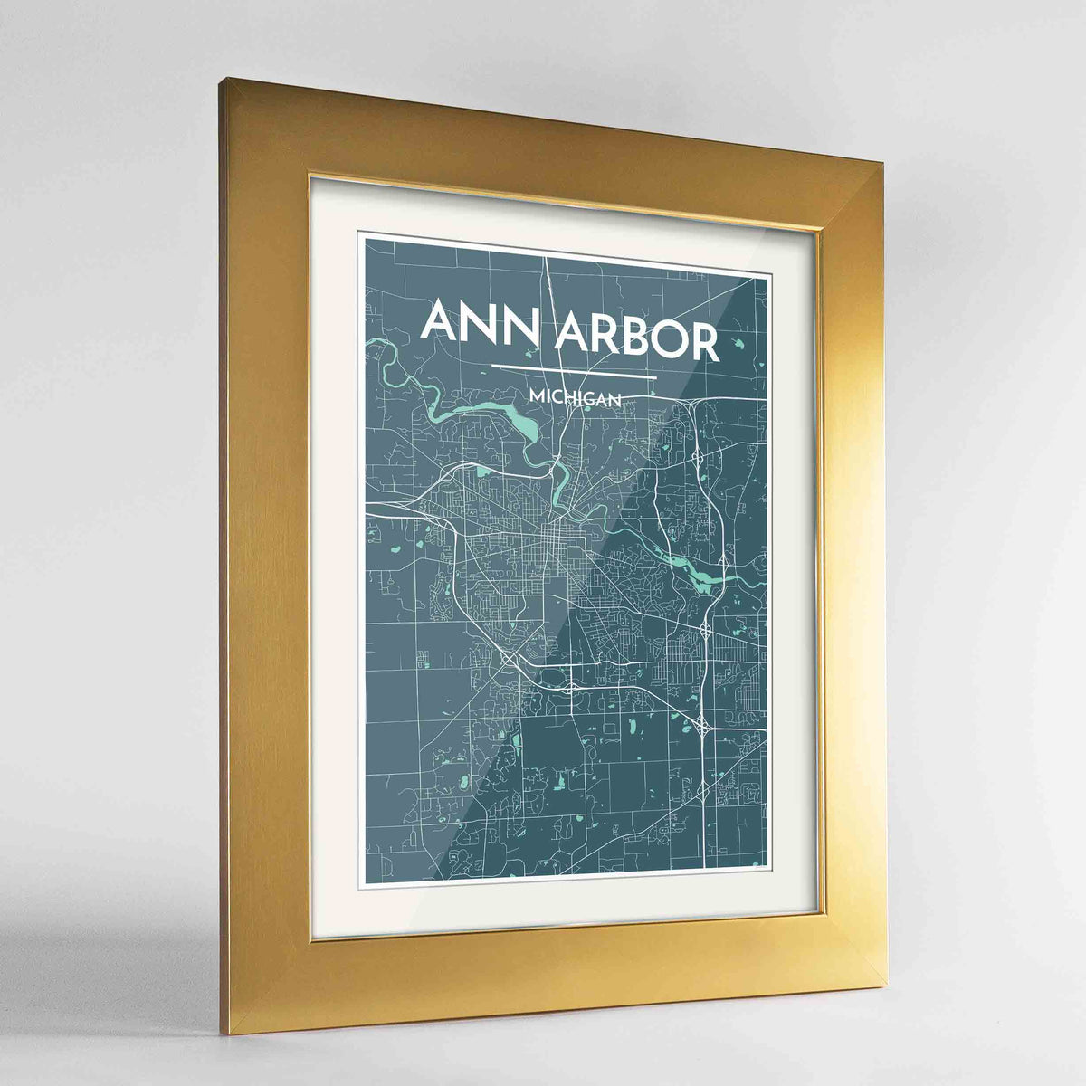 Framed Ann Arbor Map Art Print 24x36&quot; Gold frame Point Two Design Group