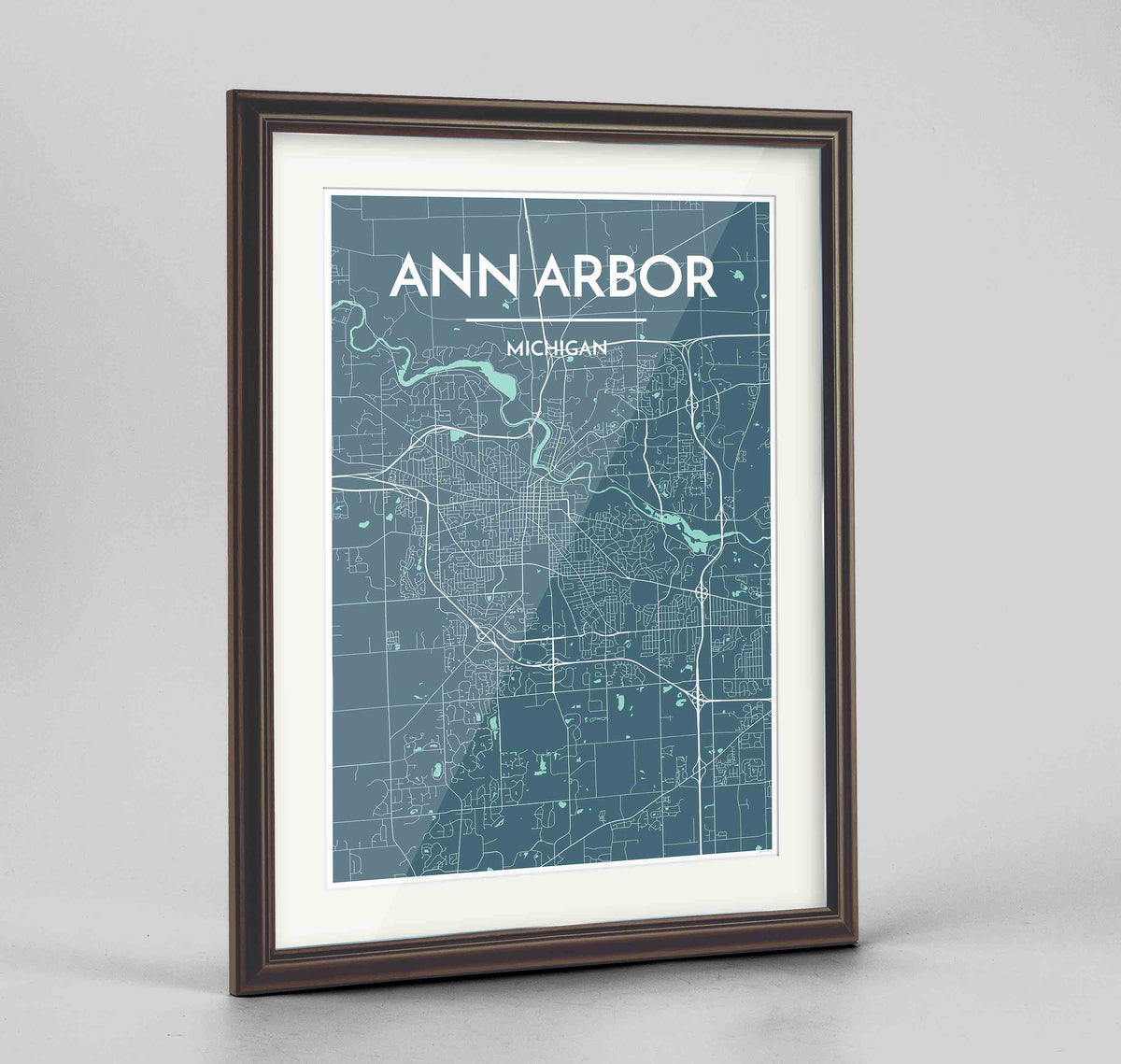 Framed Ann Arbor Map Art Print 24x36&quot; Traditional Walnut frame Point Two Design Group