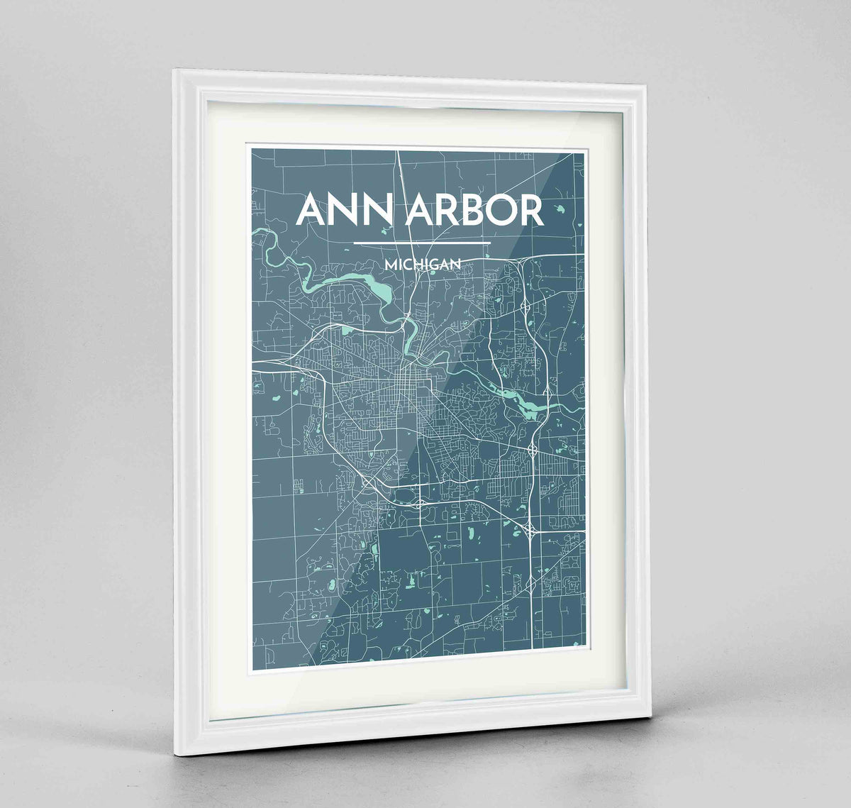 Framed Ann Arbor Map Art Print 24x36&quot; Traditional White frame Point Two Design Group