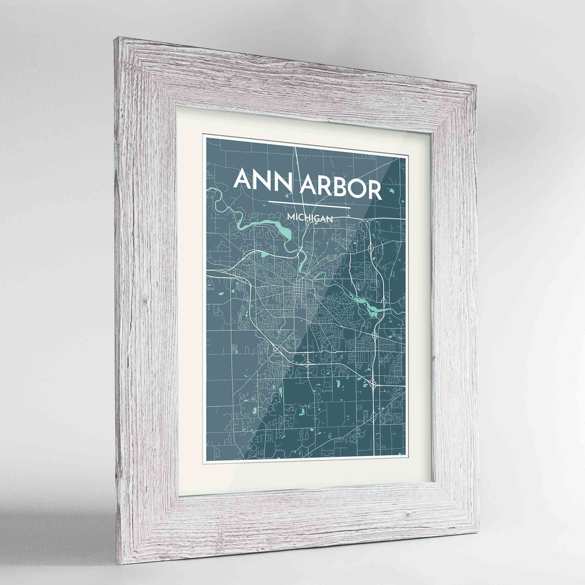 Framed Ann Arbor Map Art Print 24x36&quot; Western White frame Point Two Design Group