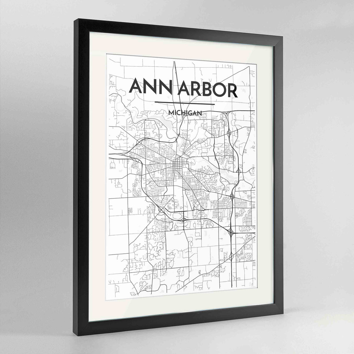 Framed Ann Arbor Map Art Print 24x36&quot; Contemporary Black frame Point Two Design Group