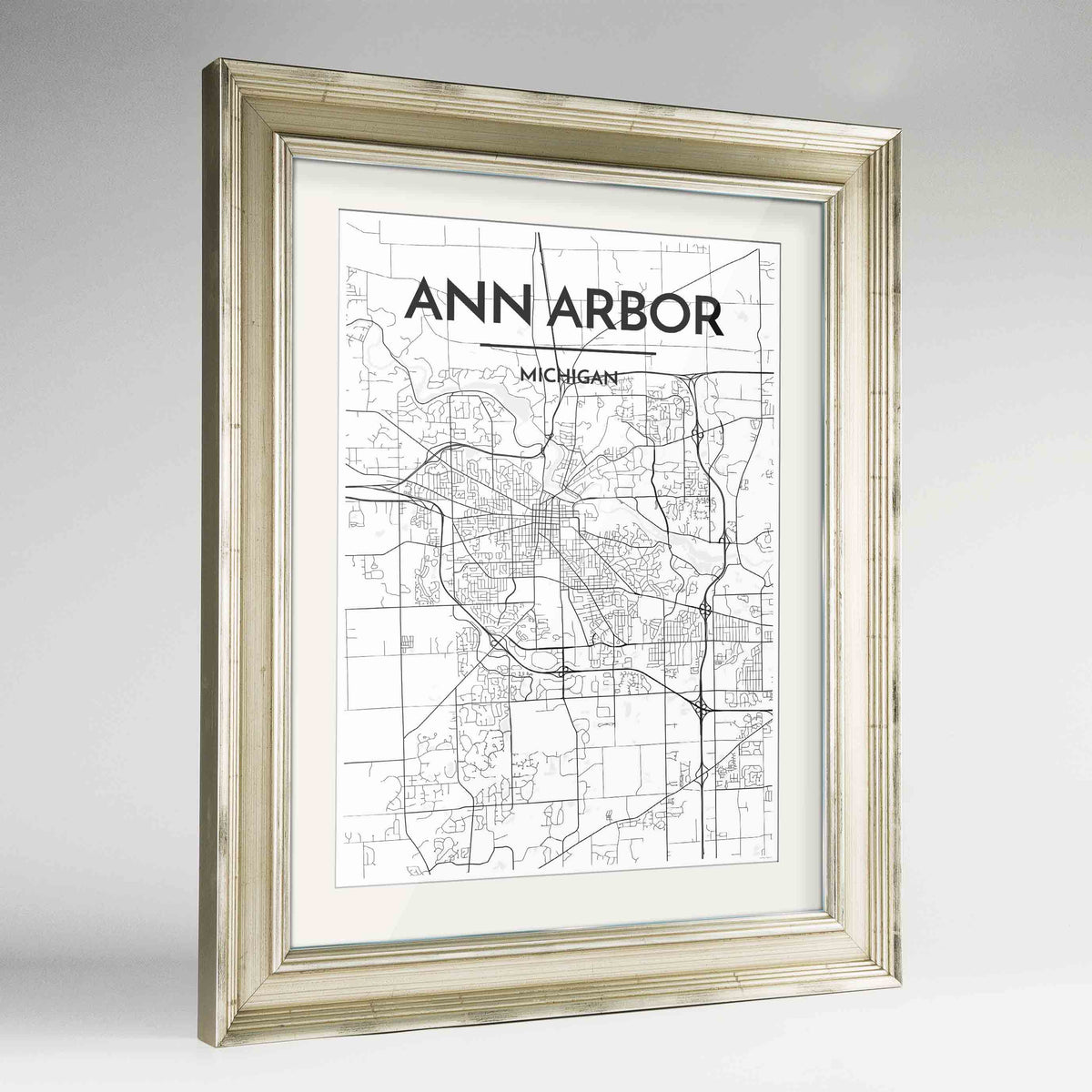 Framed Ann Arbor Map Art Print 24x36&quot; Champagne frame Point Two Design Group
