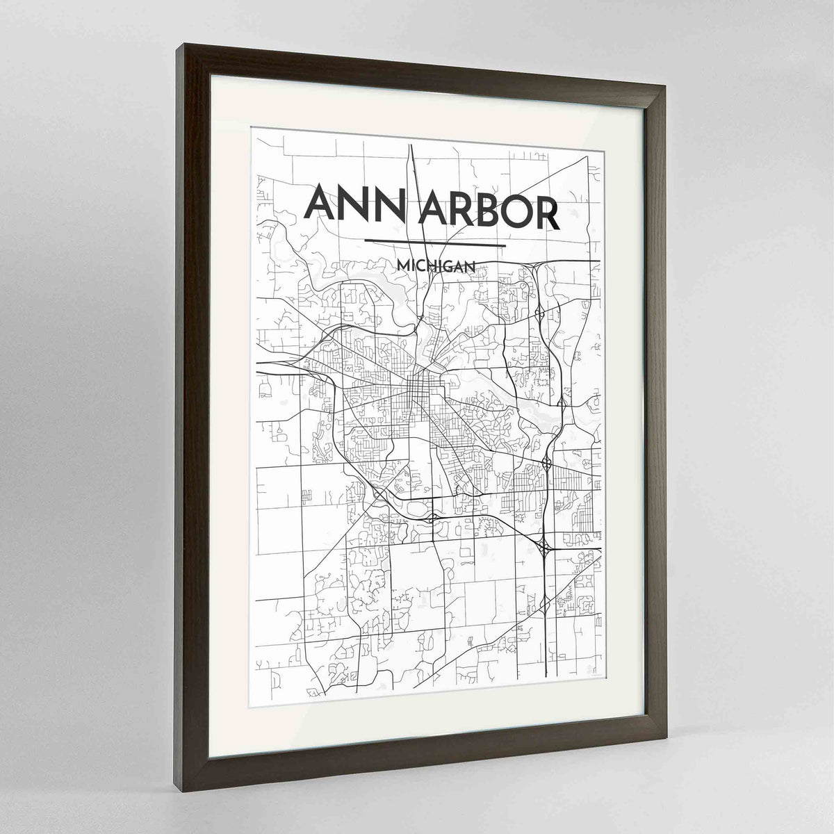 Framed Ann Arbor Map Art Print 24x36&quot; Contemporary Walnut frame Point Two Design Group