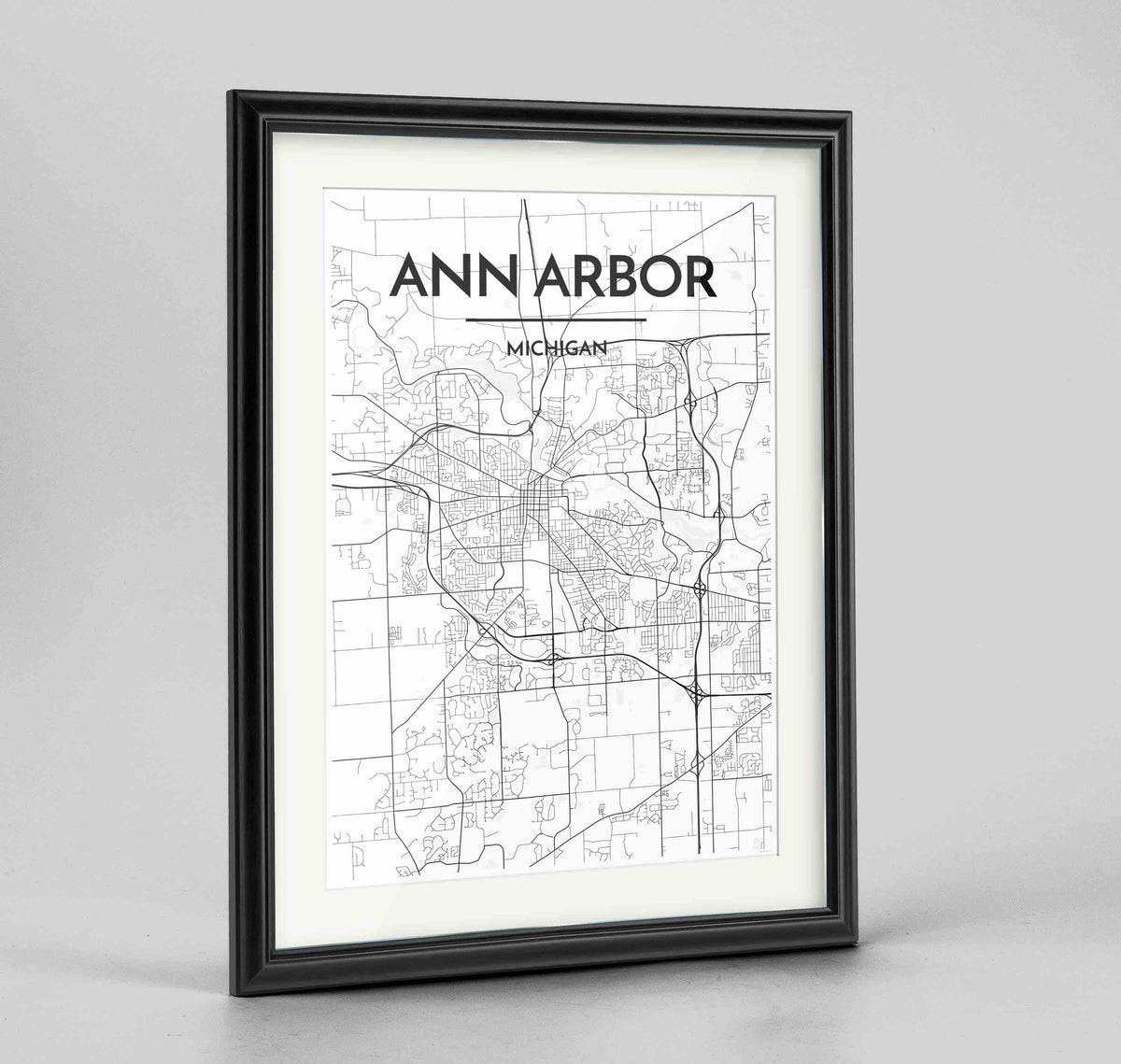 Framed Ann Arbor Map Art Print 24x36&quot; Traditional Black frame Point Two Design Group