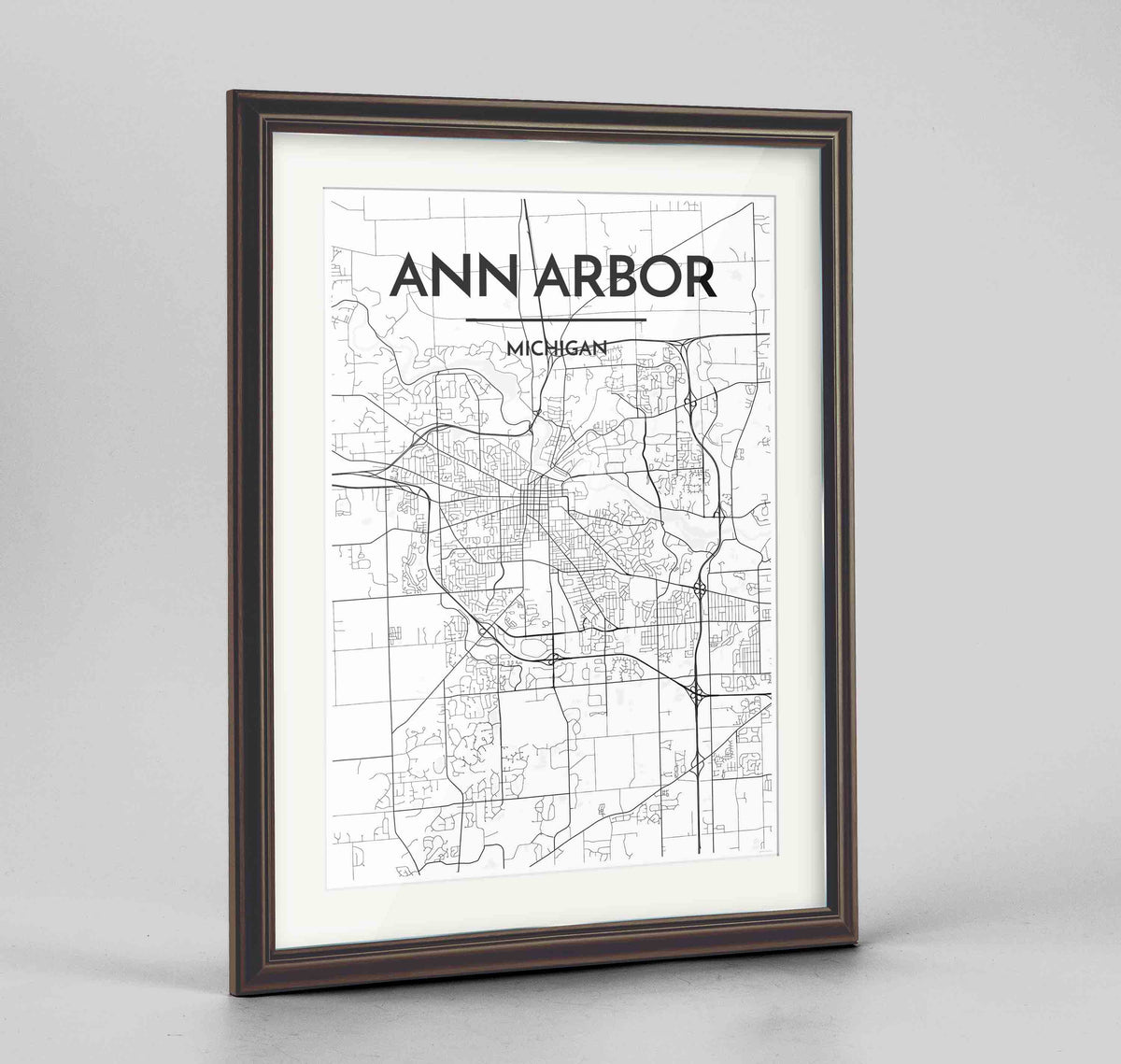 Framed Ann Arbor Map Art Print 24x36&quot; Traditional Walnut frame Point Two Design Group
