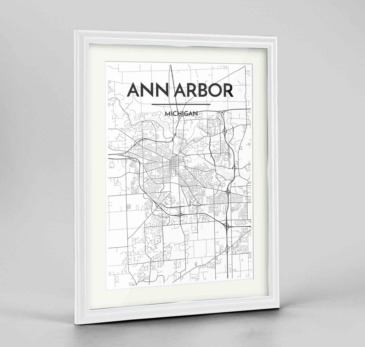 Framed Ann Arbor Map Art Print 24x36&quot; Traditional White frame Point Two Design Group