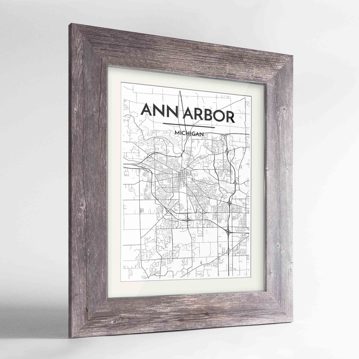 Framed Ann Arbor Map Art Print 24x36&quot; Western Grey frame Point Two Design Group