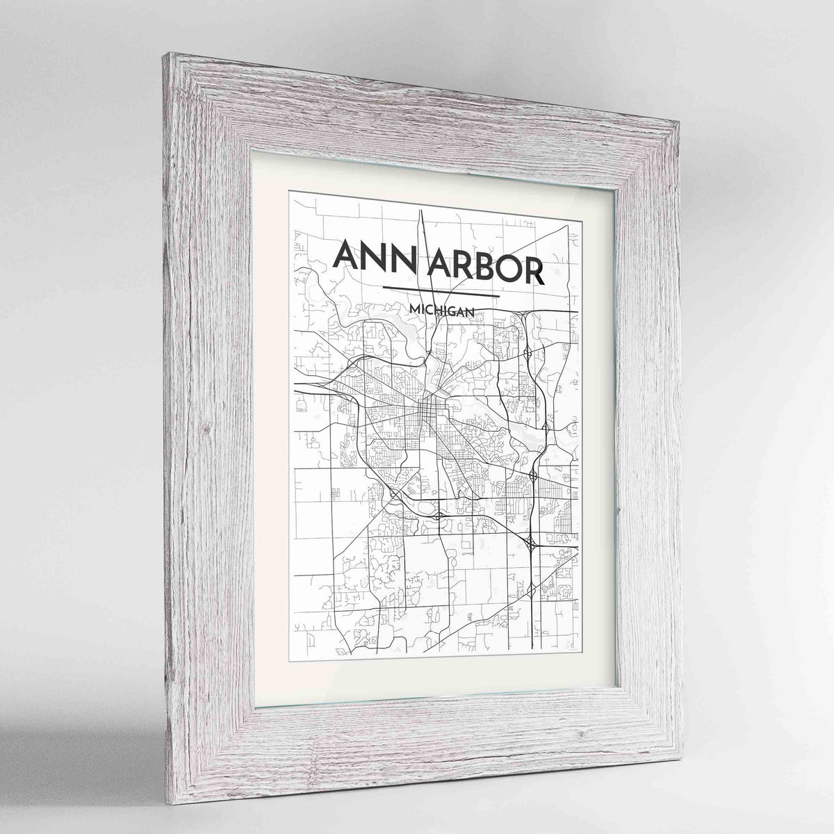 Framed Ann Arbor Map Art Print 24x36&quot; Western White frame Point Two Design Group
