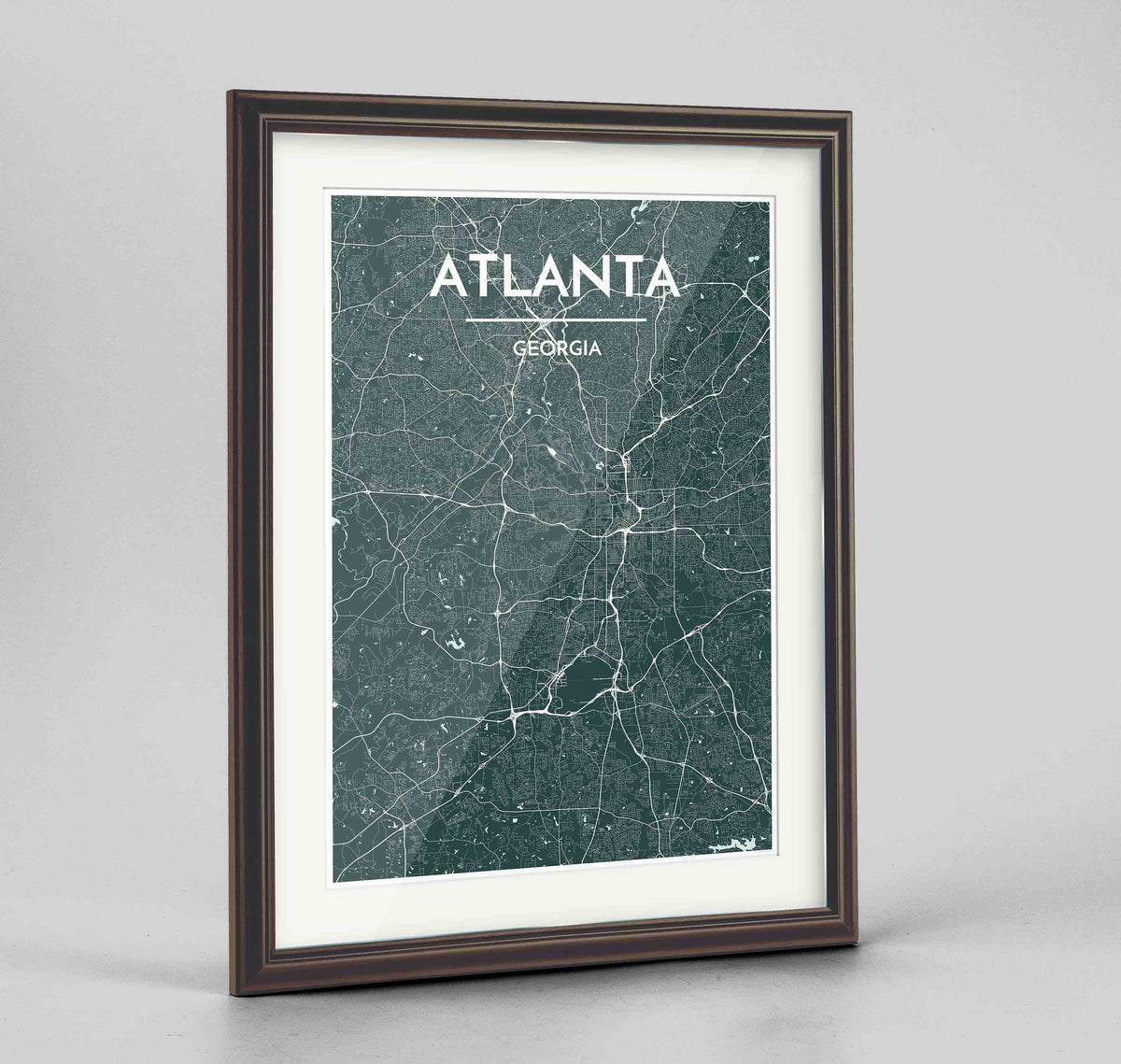 Framed Atlanta Map Art Print 24x36&quot; Traditional Walnut frame Point Two Design Group