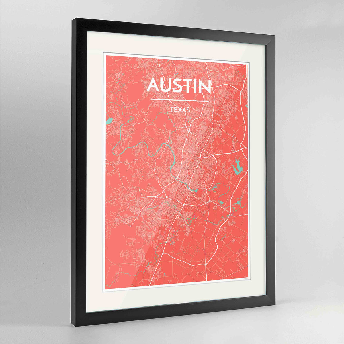 Framed Austin Map Art Print 24x36&quot; Contemporary Black frame Point Two Design Group