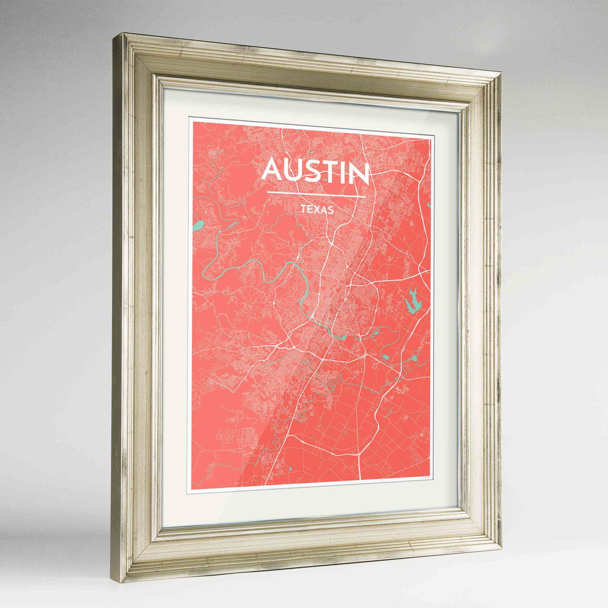 Framed Austin Map Art Print 24x36&quot; Champagne frame Point Two Design Group