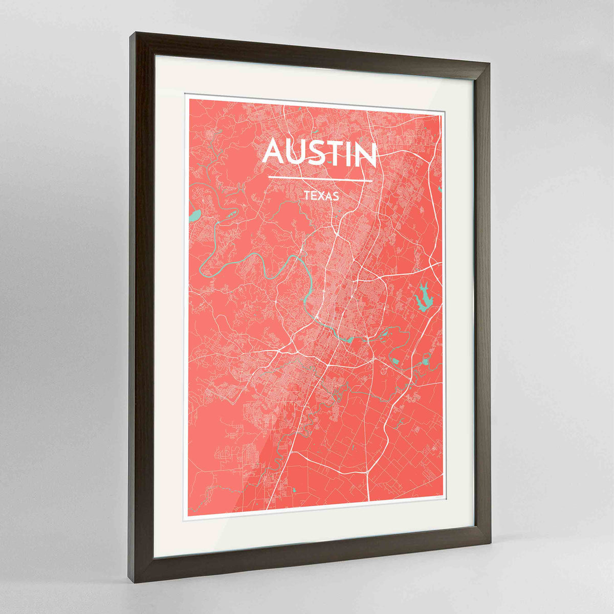 Framed Austin Map Art Print 24x36&quot; Contemporary Walnut frame Point Two Design Group