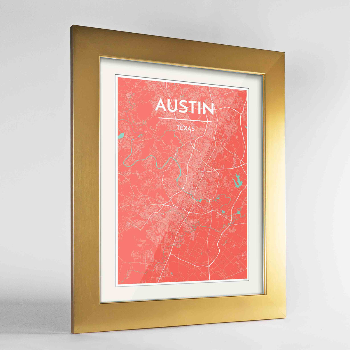 Framed Austin Map Art Print 24x36&quot; Gold frame Point Two Design Group