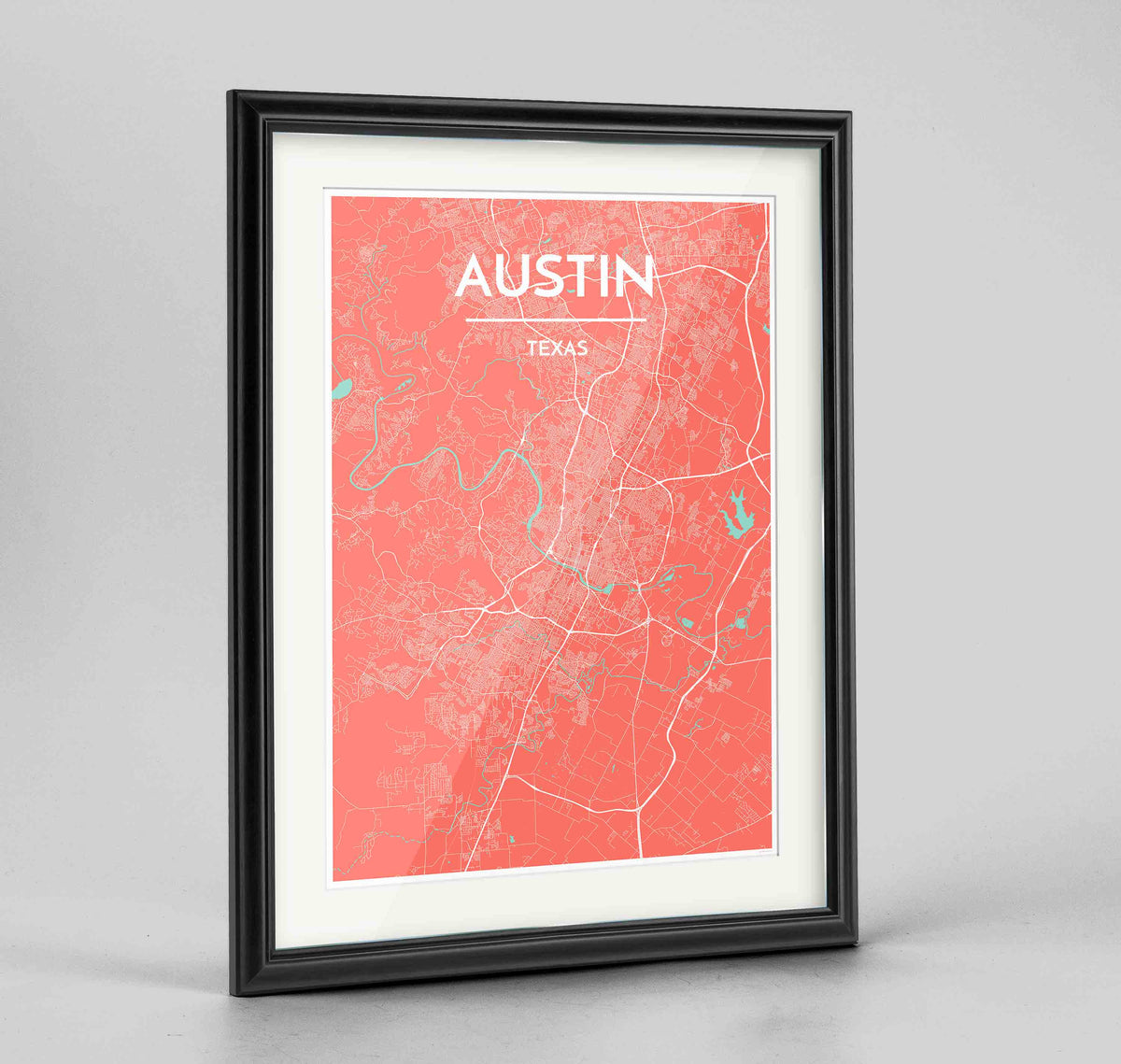 Framed Austin Map Art Print 24x36&quot; Traditional Black frame Point Two Design Group